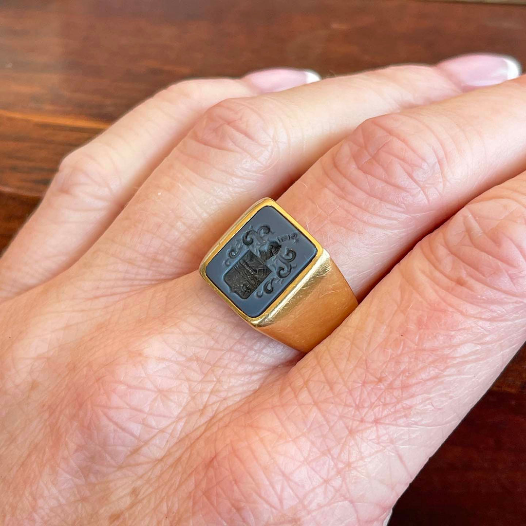 Antique French Sardonyx Signet Ring Intaglio 18k Gold