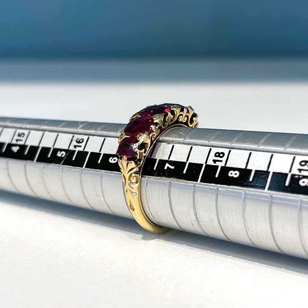Antique Victorian 5 Stone Unheated Natural Ruby Diamond Ring 18k Gold