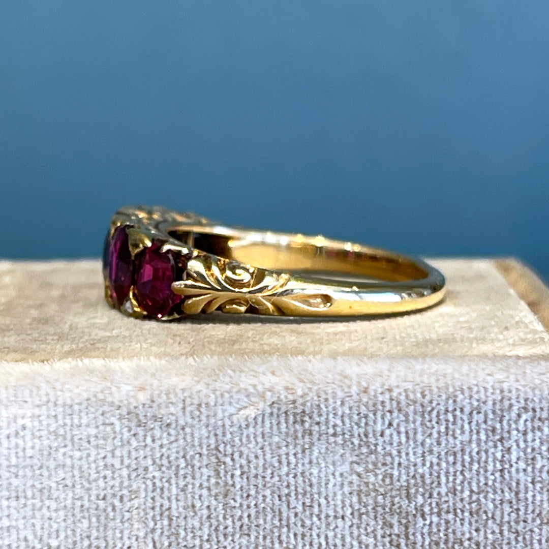 Antique Victorian 5 Stone Unheated Natural Ruby Diamond Ring 18k Gold
