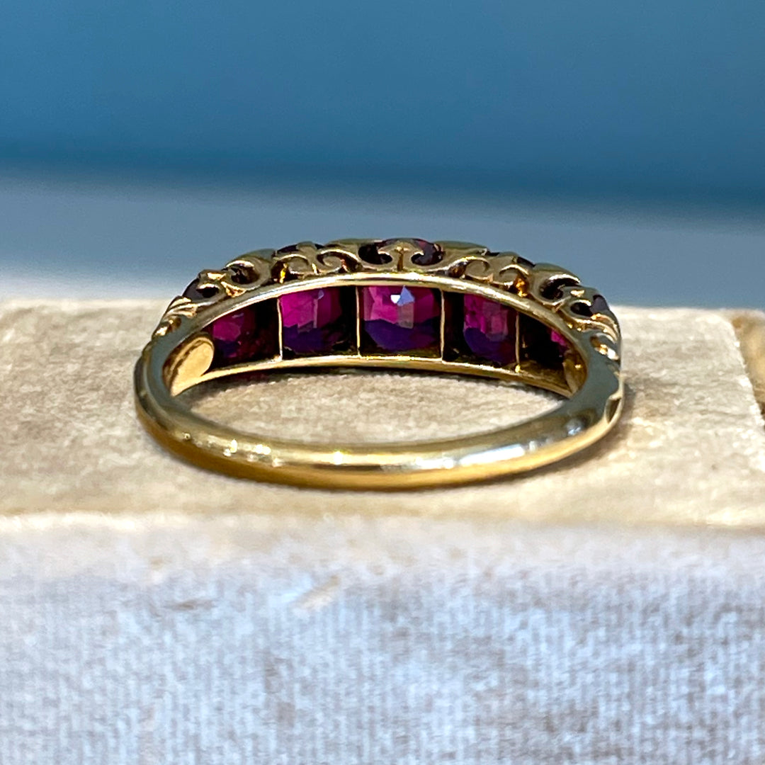 Antique Victorian 5 Stone Unheated Natural Ruby Diamond Ring 18k Gold