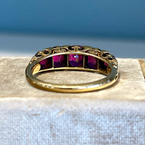Antique Victorian 5 Stone Unheated Natural Ruby Diamond Ring 18k Gold