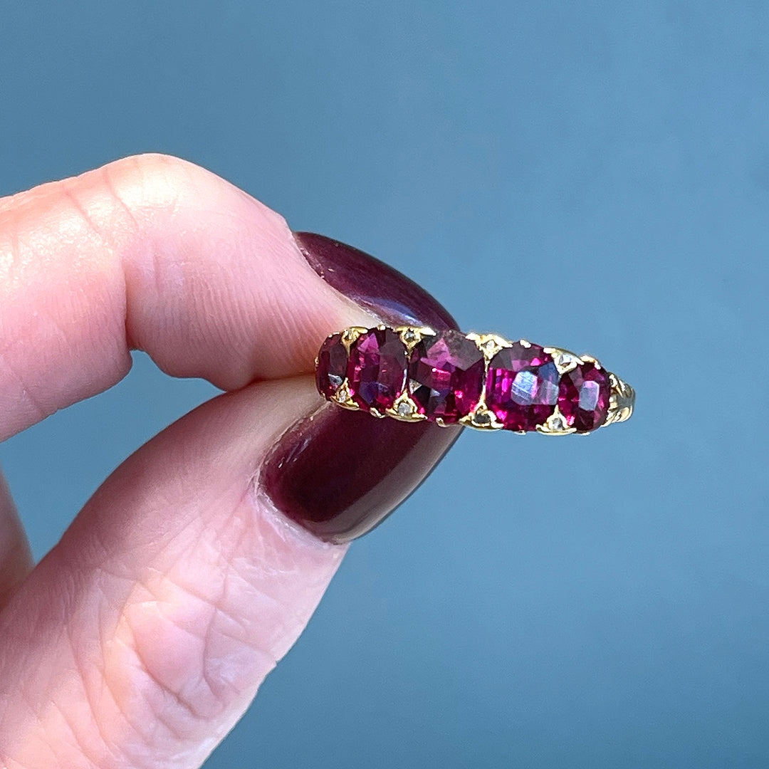 Antique Victorian 5 Stone Unheated Natural Ruby Diamond Ring 18k Gold