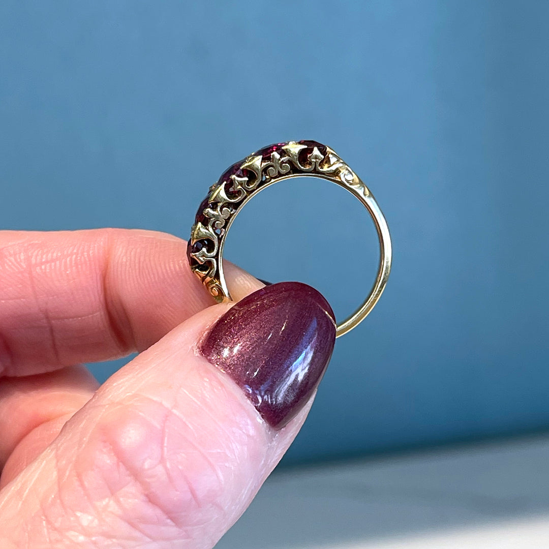 Antique Victorian 5 Stone Unheated Natural Ruby Diamond Ring 18k Gold