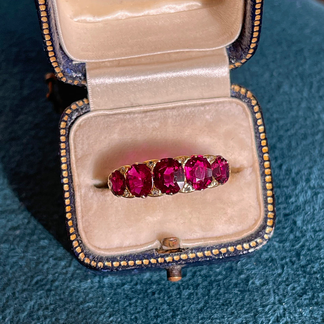 Antique Victorian 5 Stone Unheated Natural Ruby Diamond Ring 18k Gold