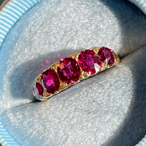 Antique Victorian 5 Stone Unheated Natural Ruby Diamond Ring 18k Gold