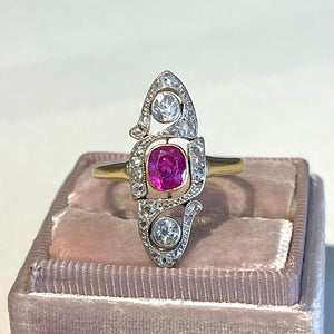 Antique French Ruby Diamond Marquis Ring 18k Gold Platinum