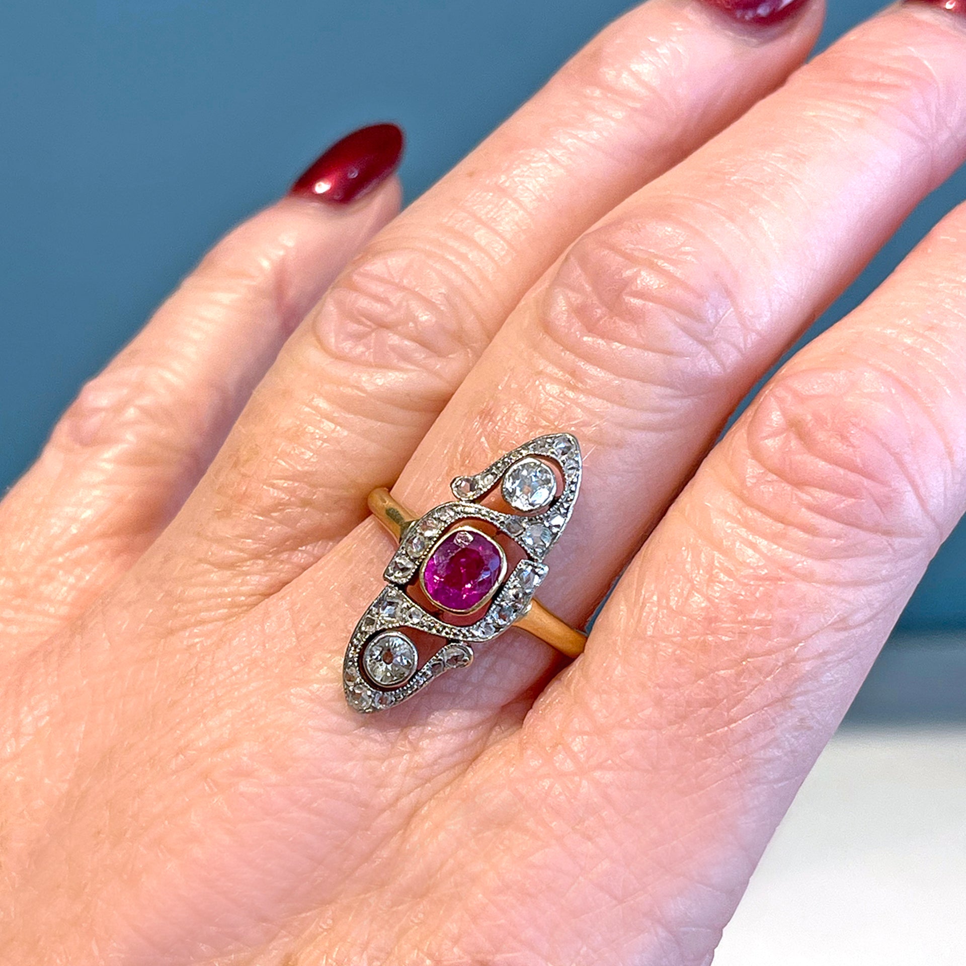 Antique French Ruby Diamond Marquis Ring 18k Gold Platinum