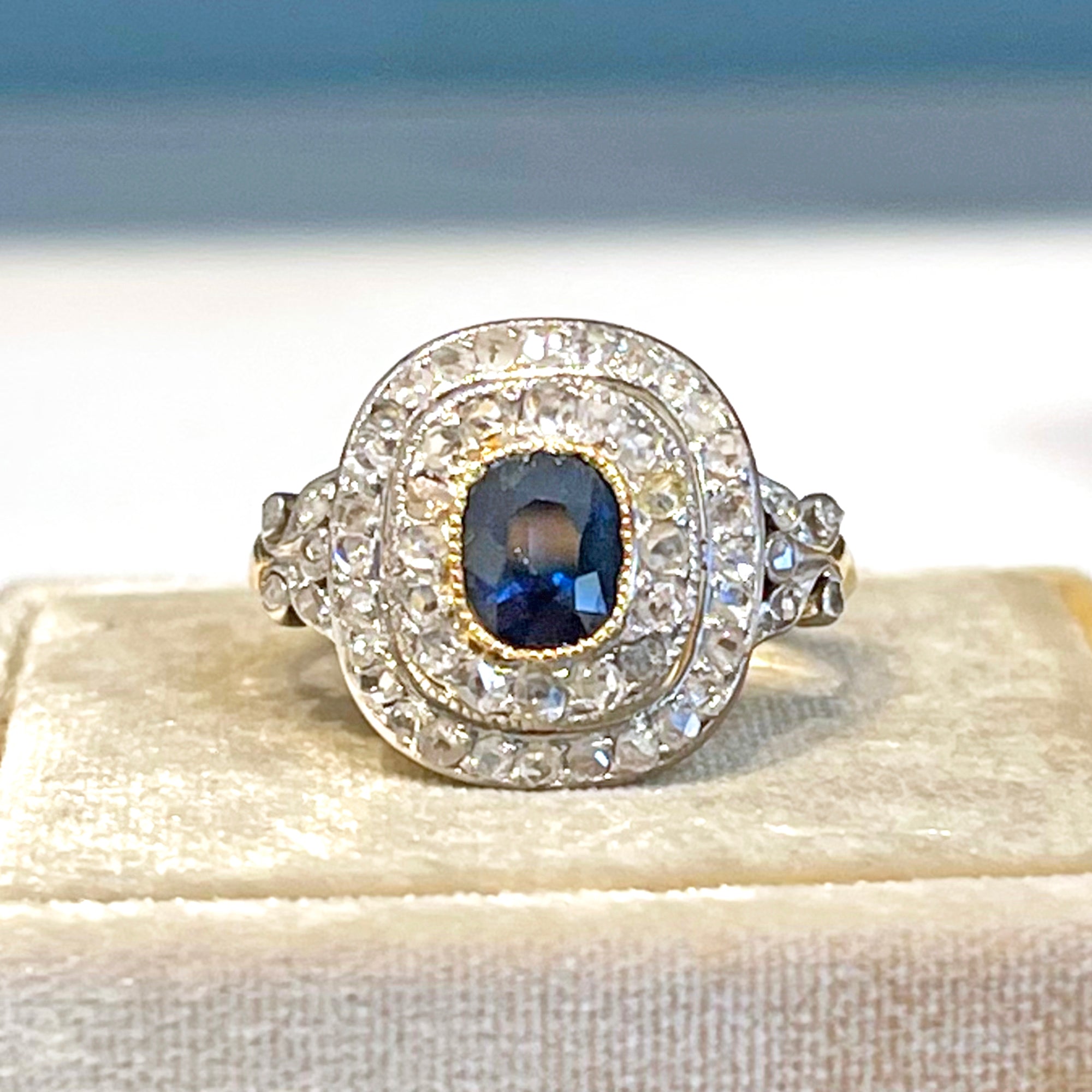 French Belle Epoque Sapphire and Diamond Double Cluster Ring