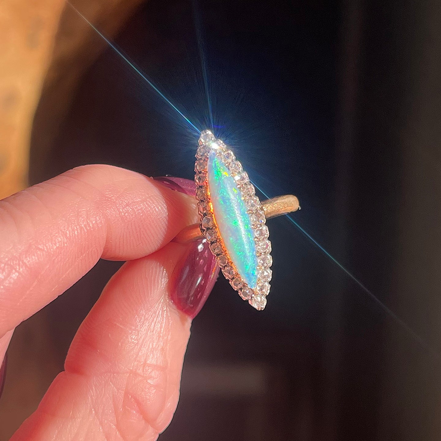 Antique Opal Diamond Marquis Ring French c.1890