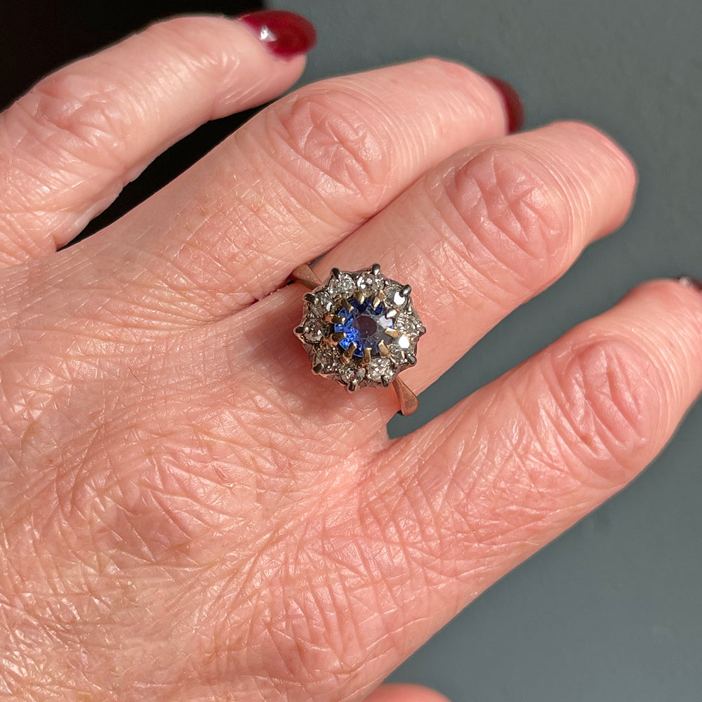 Victorian 18k Gold Sapphire and Diamond Cluster Ring, c. 1890
