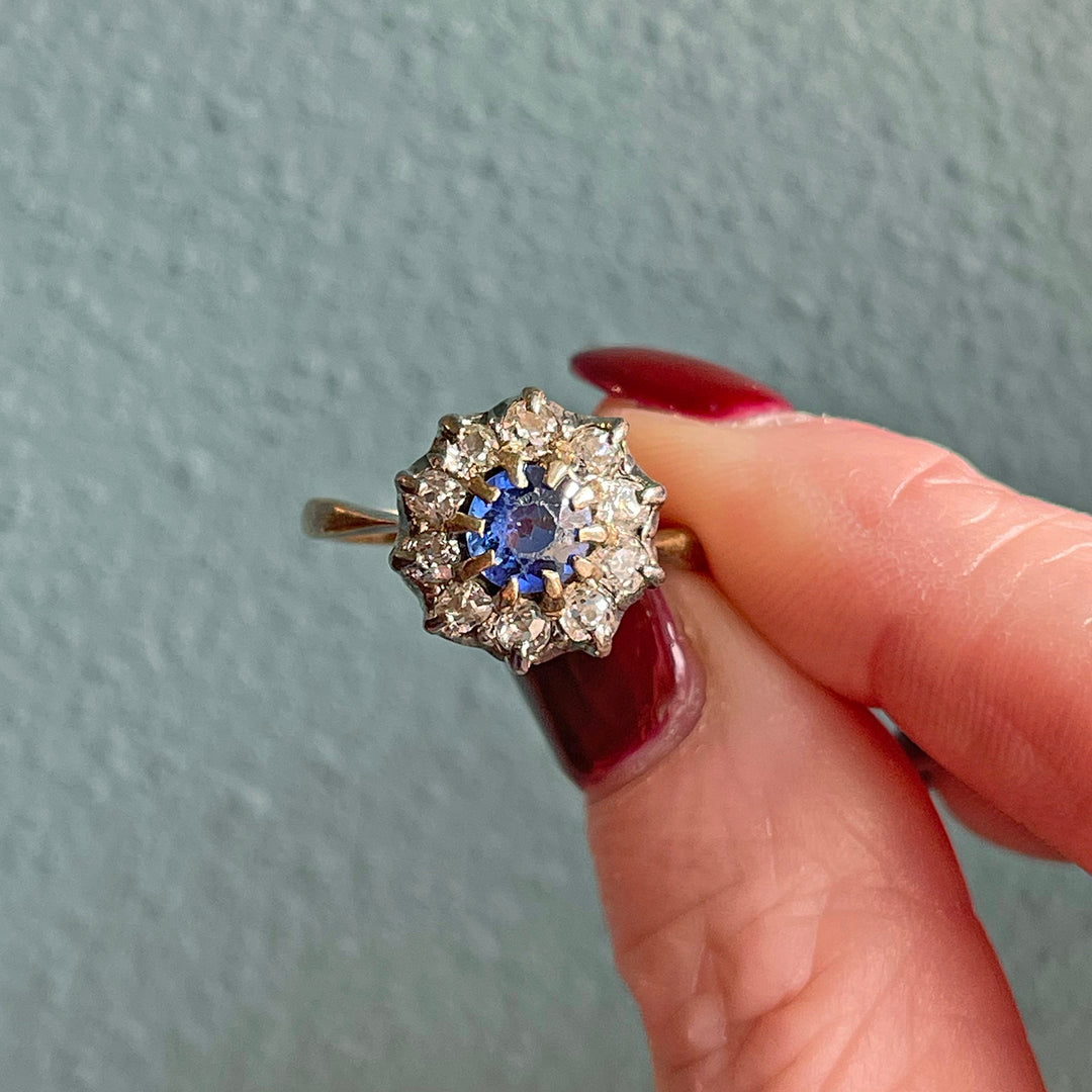 Victorian 18k Gold Sapphire and Diamond Cluster Ring, c. 1890