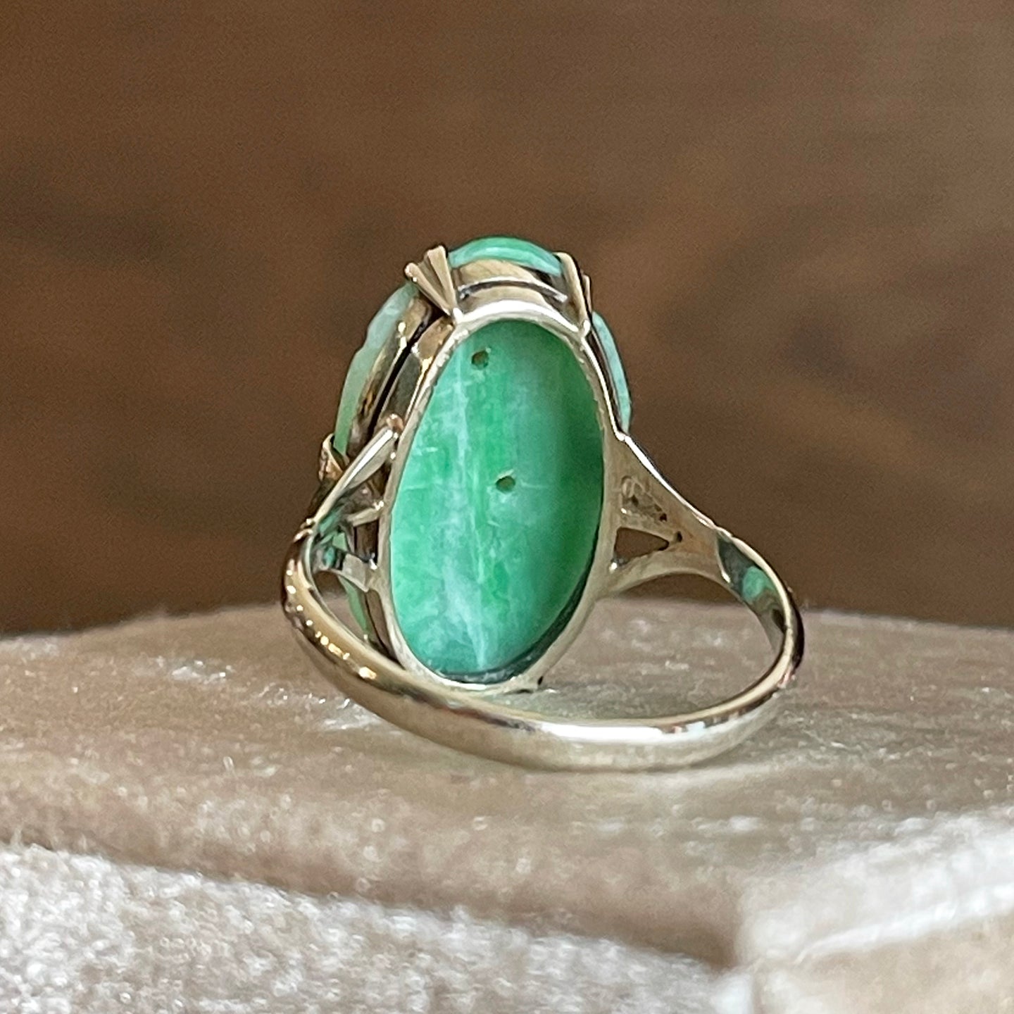 Antique Art Deco Carved Jade Ring White Gold - Victoria Sterling