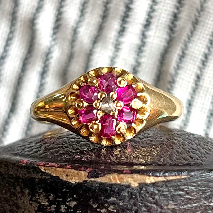 Antique Ruby and Diamond Floral Cluster Gold Ring