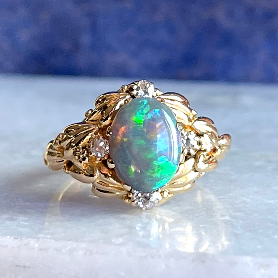 Floral Art Nouveau Opal and Diamond Ring, c. 1900