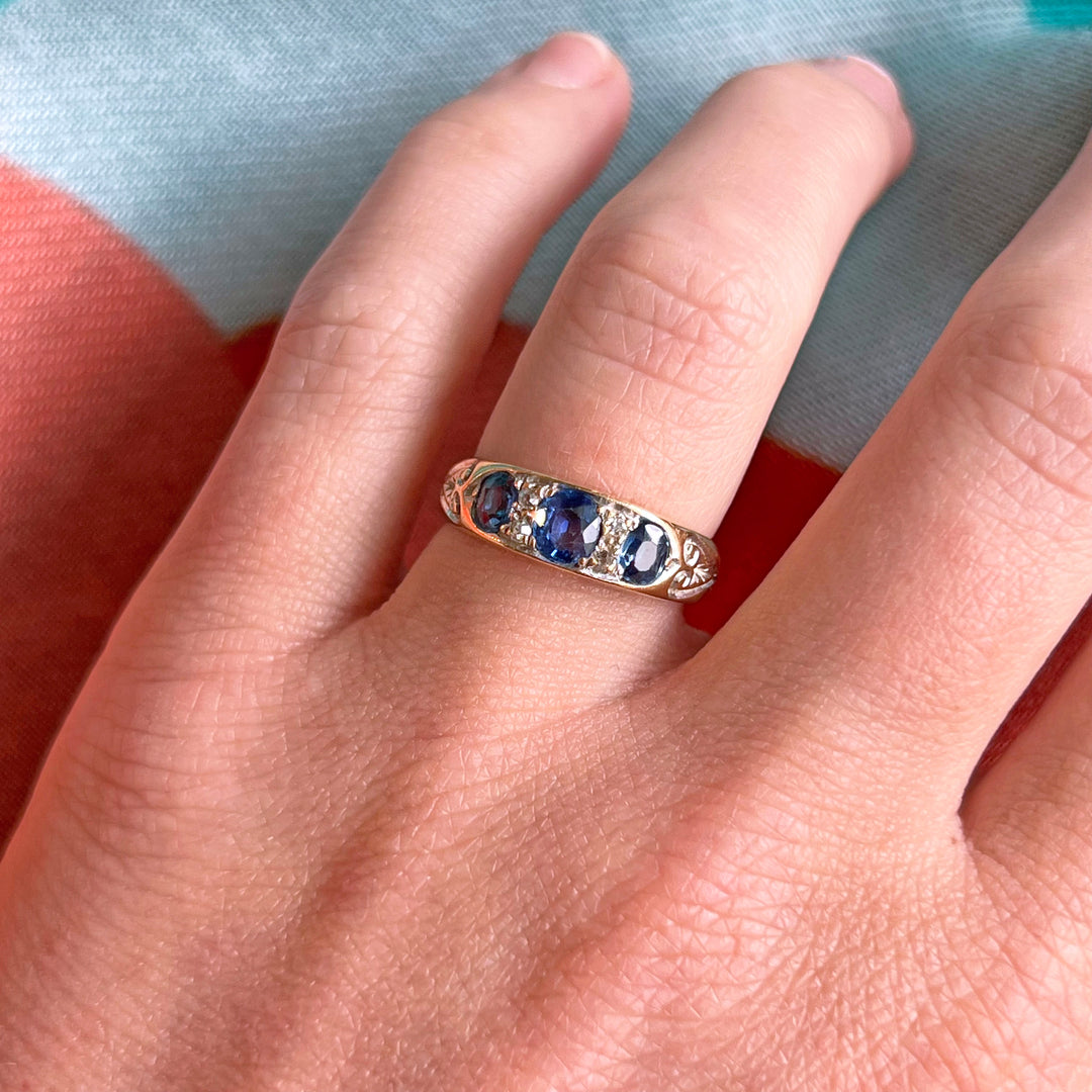 Antique Edwardian Sapphire Diamond Ring 18k Gold Birmingham 1900
