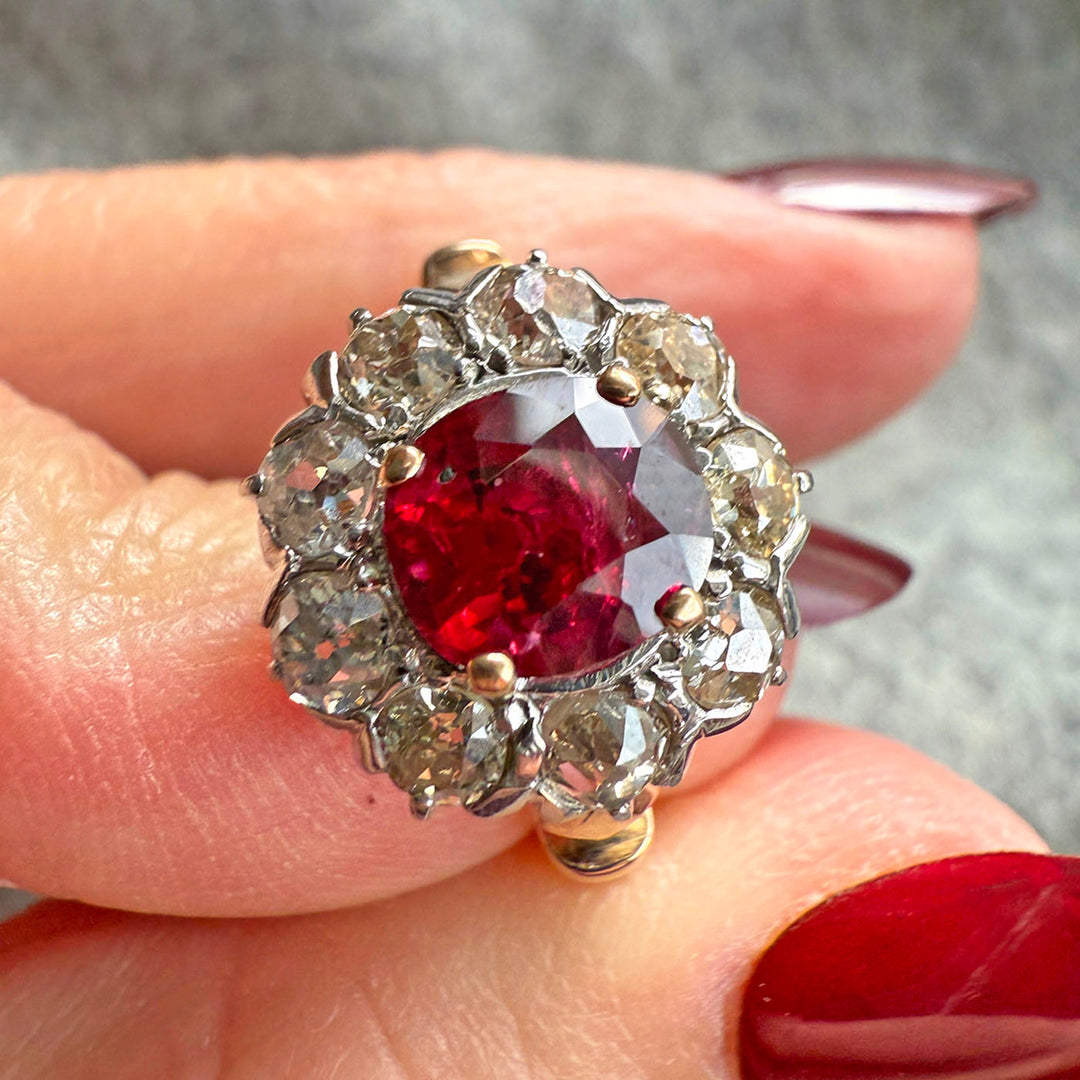 Antique Victorian Gold Ruby and Diamond Cluster Ring c. 1890