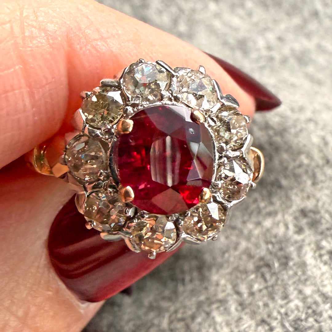 Antique Victorian Gold Ruby and Diamond Cluster Ring c. 1890