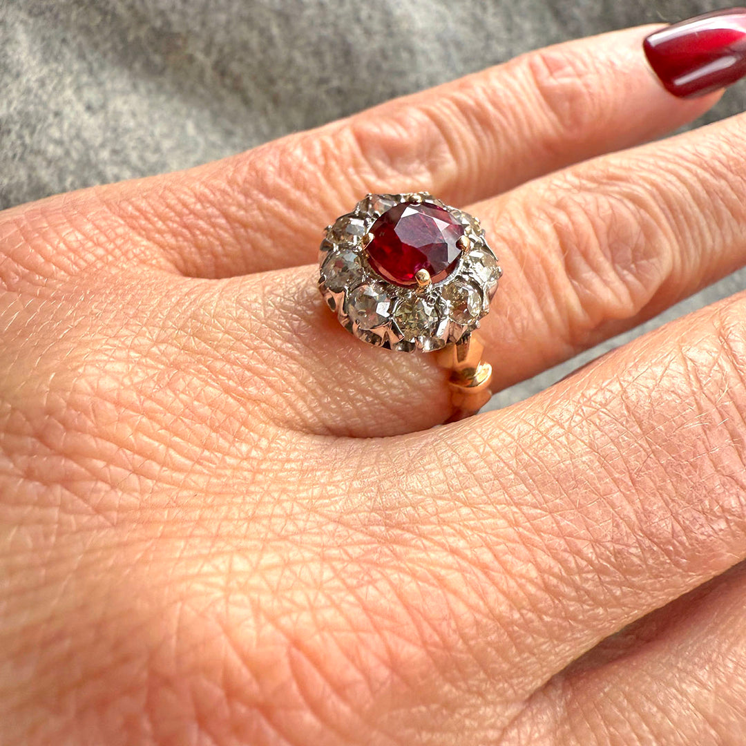 Antique Victorian Gold Ruby and Diamond Cluster Ring c. 1890