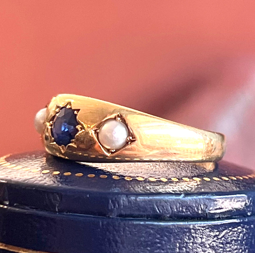Antique Victorian 3-Stone Ring 18k Gold Sapphire and Pearl, c.1890