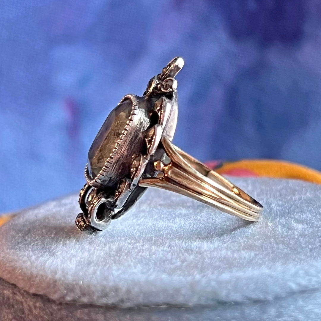 Antique French Ring Gold and Silver Set Aquamarine and Marcasite, c. 1890