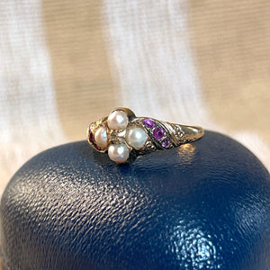 Pretty Mid-Victorian Pearl Diamond Ruby Ring 15k Gold