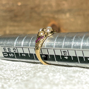 Pretty Mid-Victorian Pearl Diamond Ruby Ring 15k Gold
