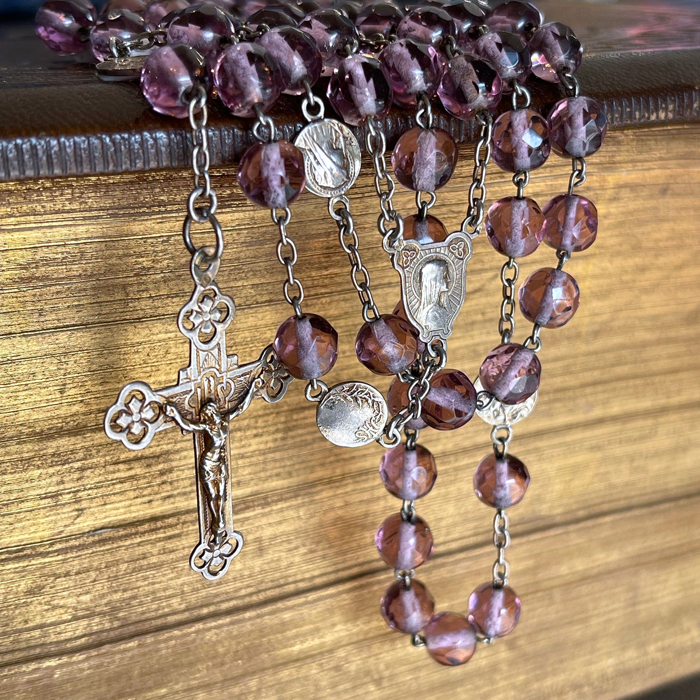 Antique French Engraved Silver and Glass Rosary