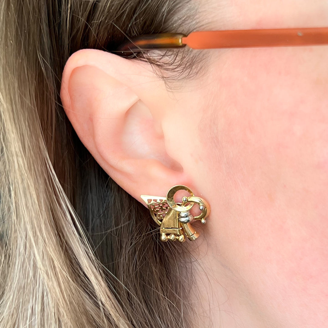 Retro Mid-Century 18k Gold Bow Earrings 1950s