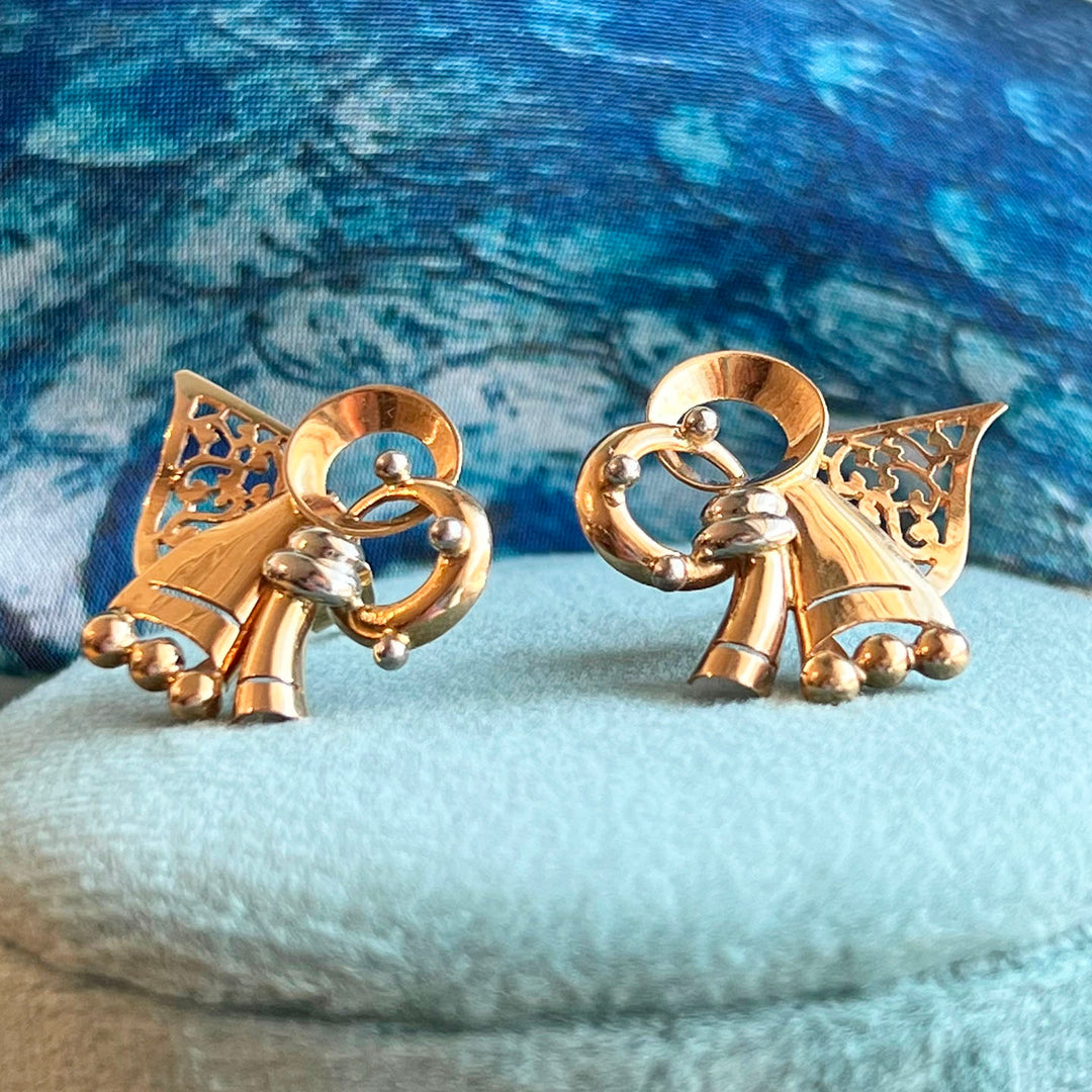 Retro Mid-Century 18k Gold Bow Earrings 1950s