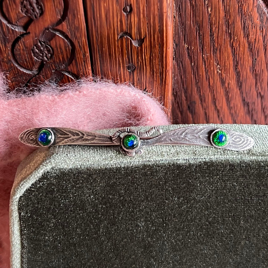 Antique French Silver Peacock Glass Barrette, c. 1890