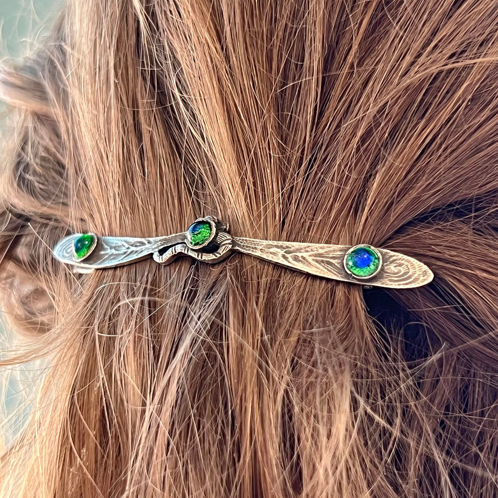 Antique French Silver Peacock Glass Barrette, c. 1890