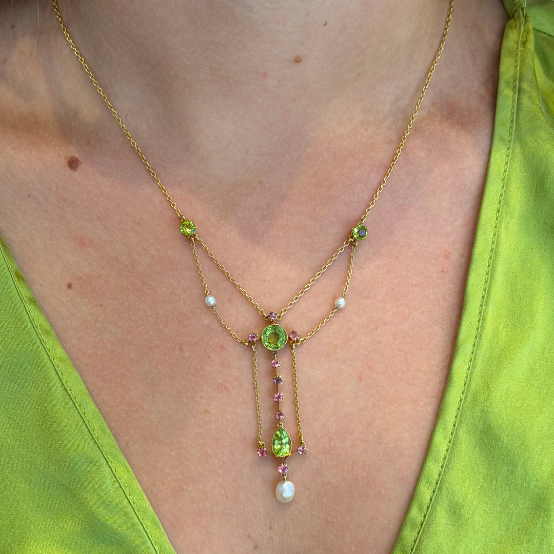 Suffragette Peridot Ruby Pearl Necklace in 15k Gold