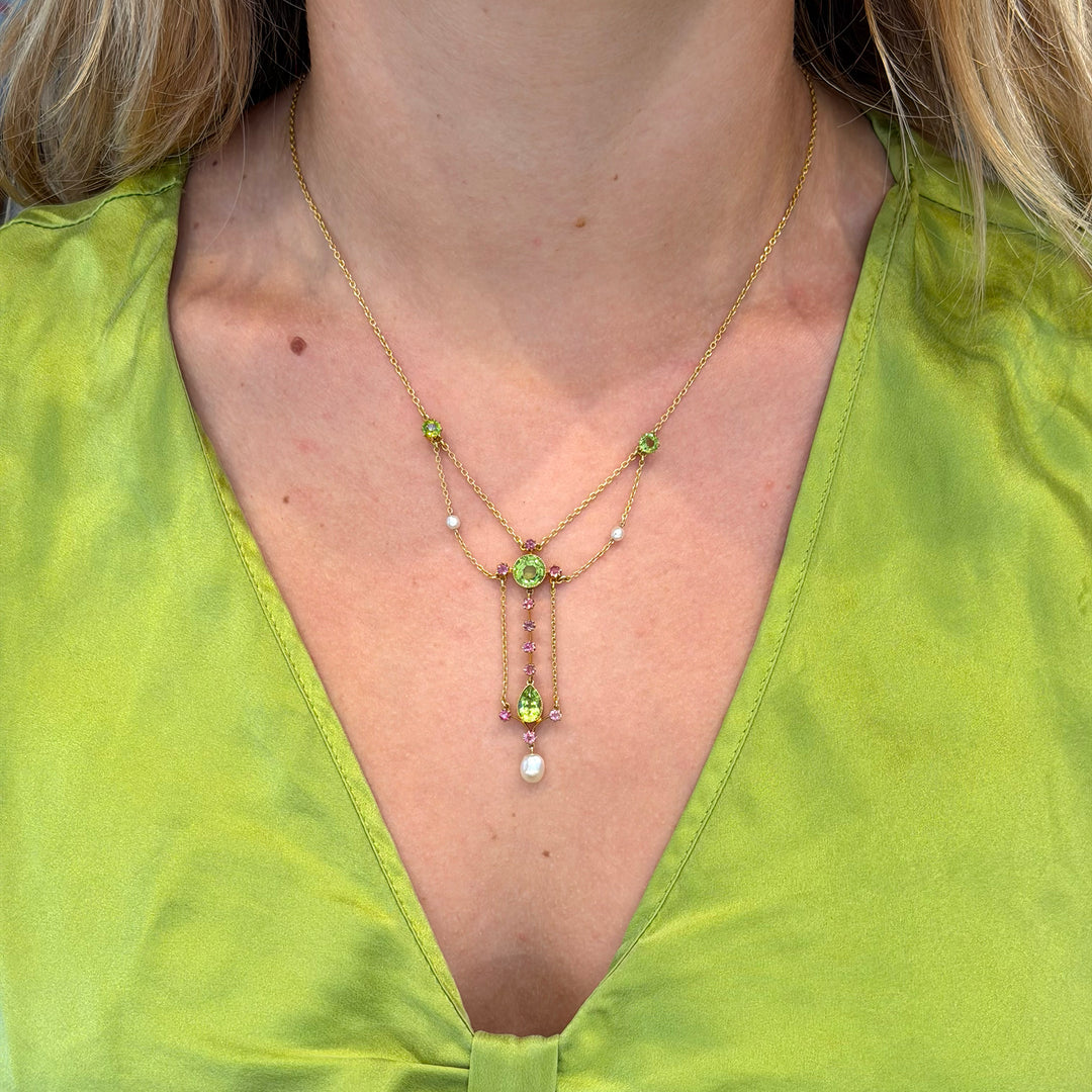 Suffragette Peridot Ruby Pearl Necklace in 15k Gold