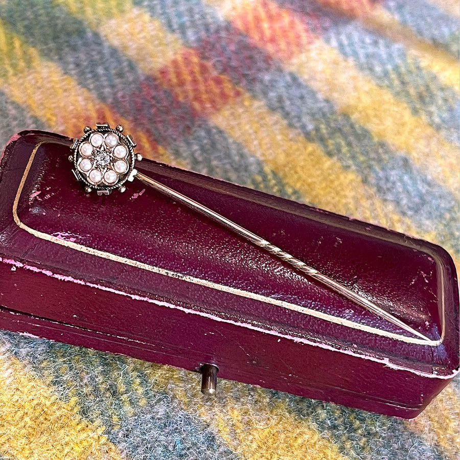 Antique Stick Pin or Tie Pin, Mens Wedding Gift, Gold Diamond and Pearl in Original Box c.1900