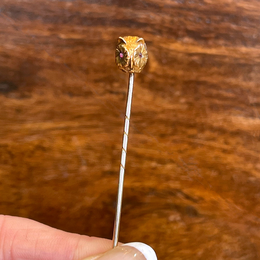 Antique Owl Head Stick Pin Garnet Eyes 18k Gold