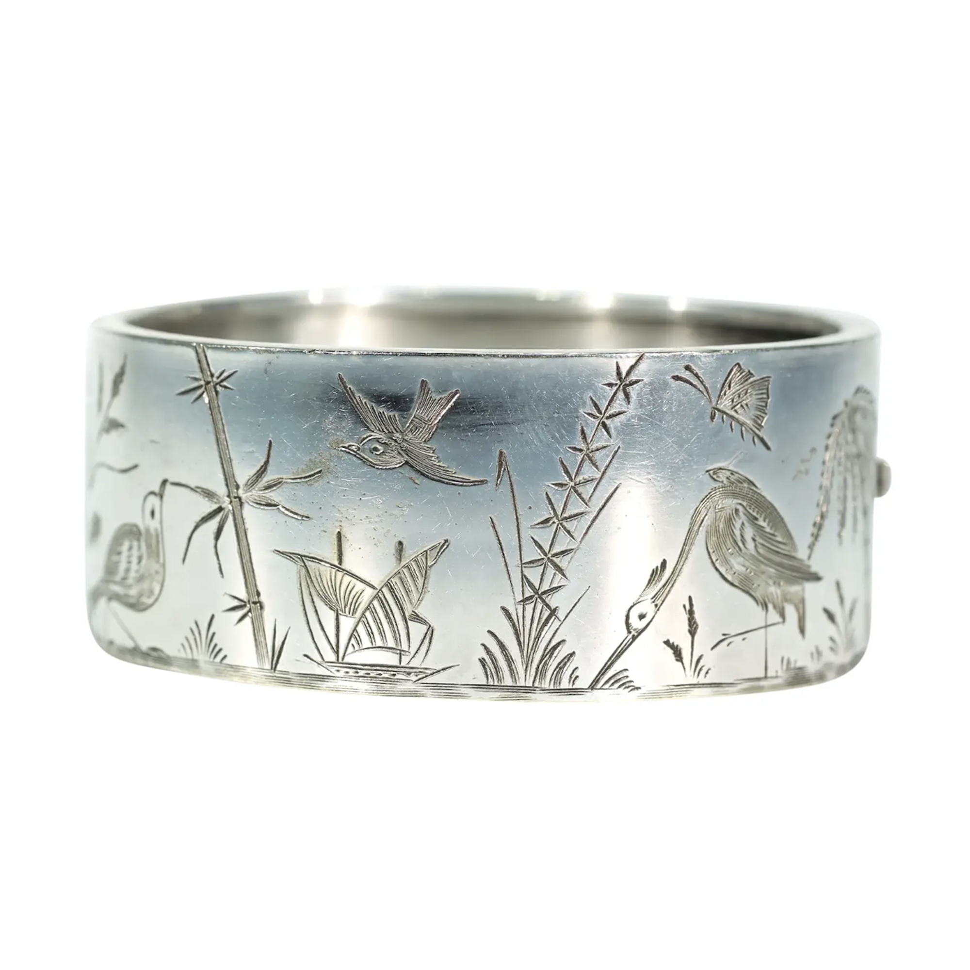 Antique Victorian Silver Engraved Bangle Bracelet Birds Water Ship Scene