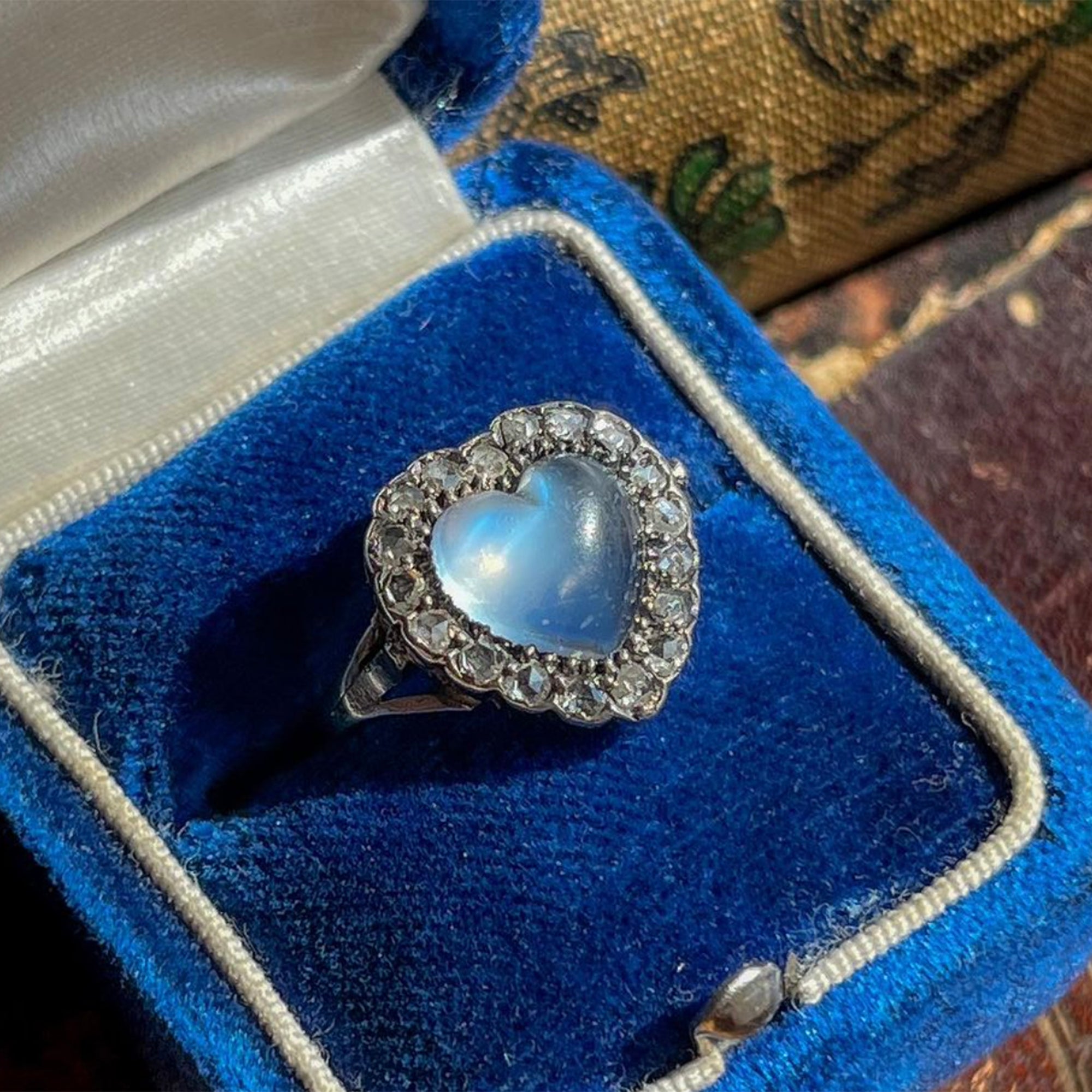 Antique Edwardian Moonstone Diamond Heart Cluster Ring Halo Size 4.75