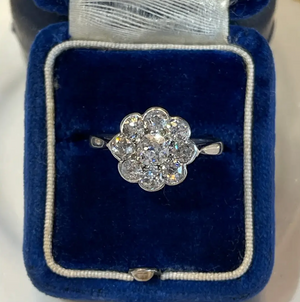 Vintage Old European Cut Diamond Cluster Ring 18k White Gold