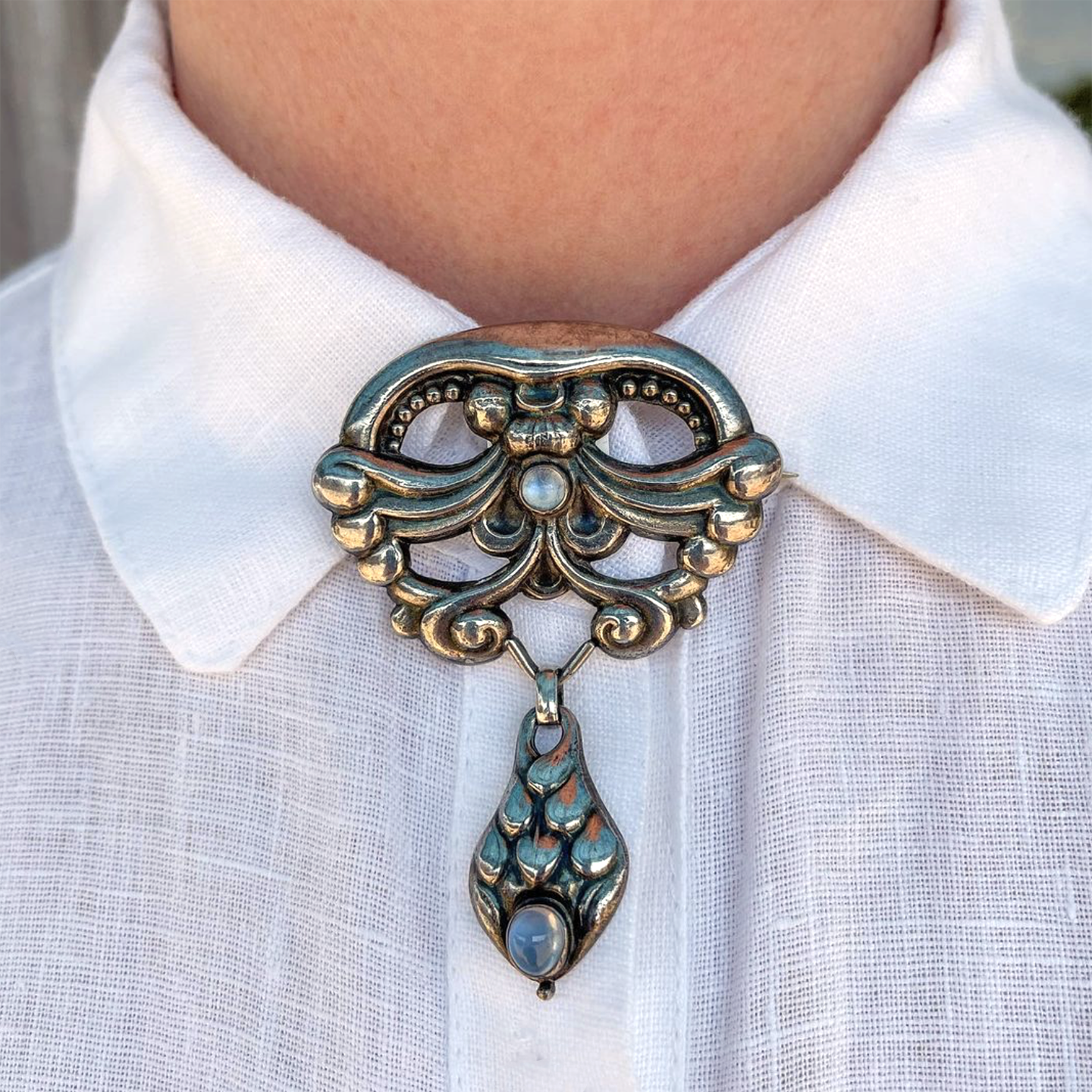 Antique Silver Moonstone Skonvirke Brooch by William Fuglede