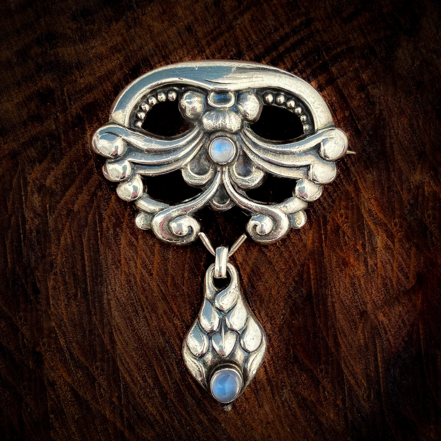 Antique Silver Moonstone Skonvirke Brooch by William Fuglede