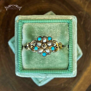 Antique Diamond Pearl Turquoise Cluster Ring Gold