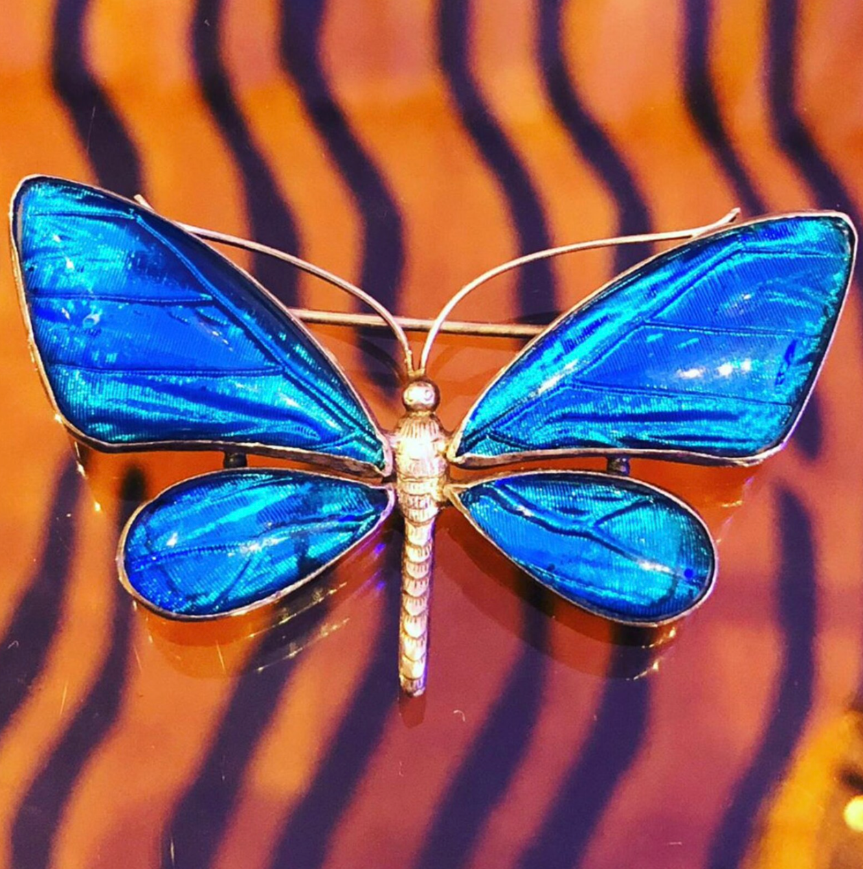Antique Silver Butterfly Brooch Pin Blue Wings
