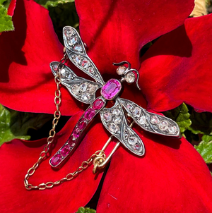 Art Nouveau French Ruby Diamond Dragonfly Brooch