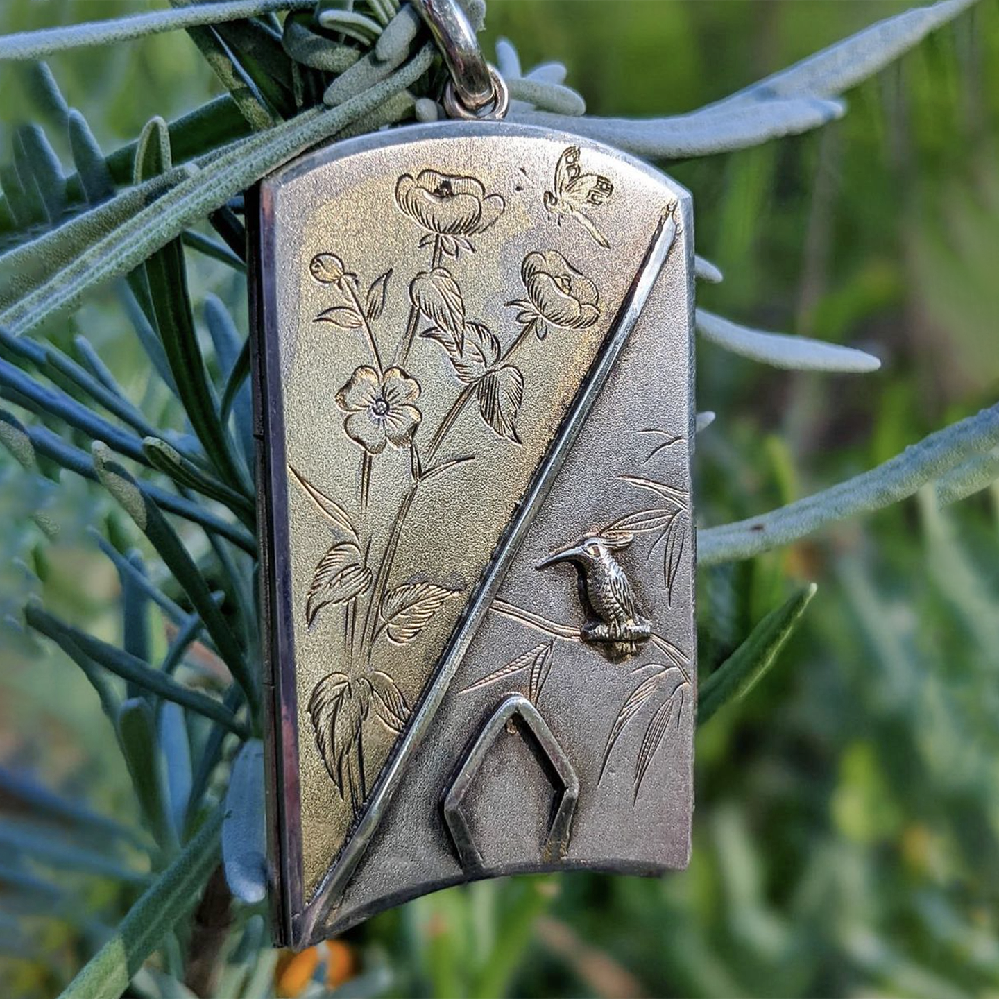 Antique Silver Engraved Bird & Flowers Locket