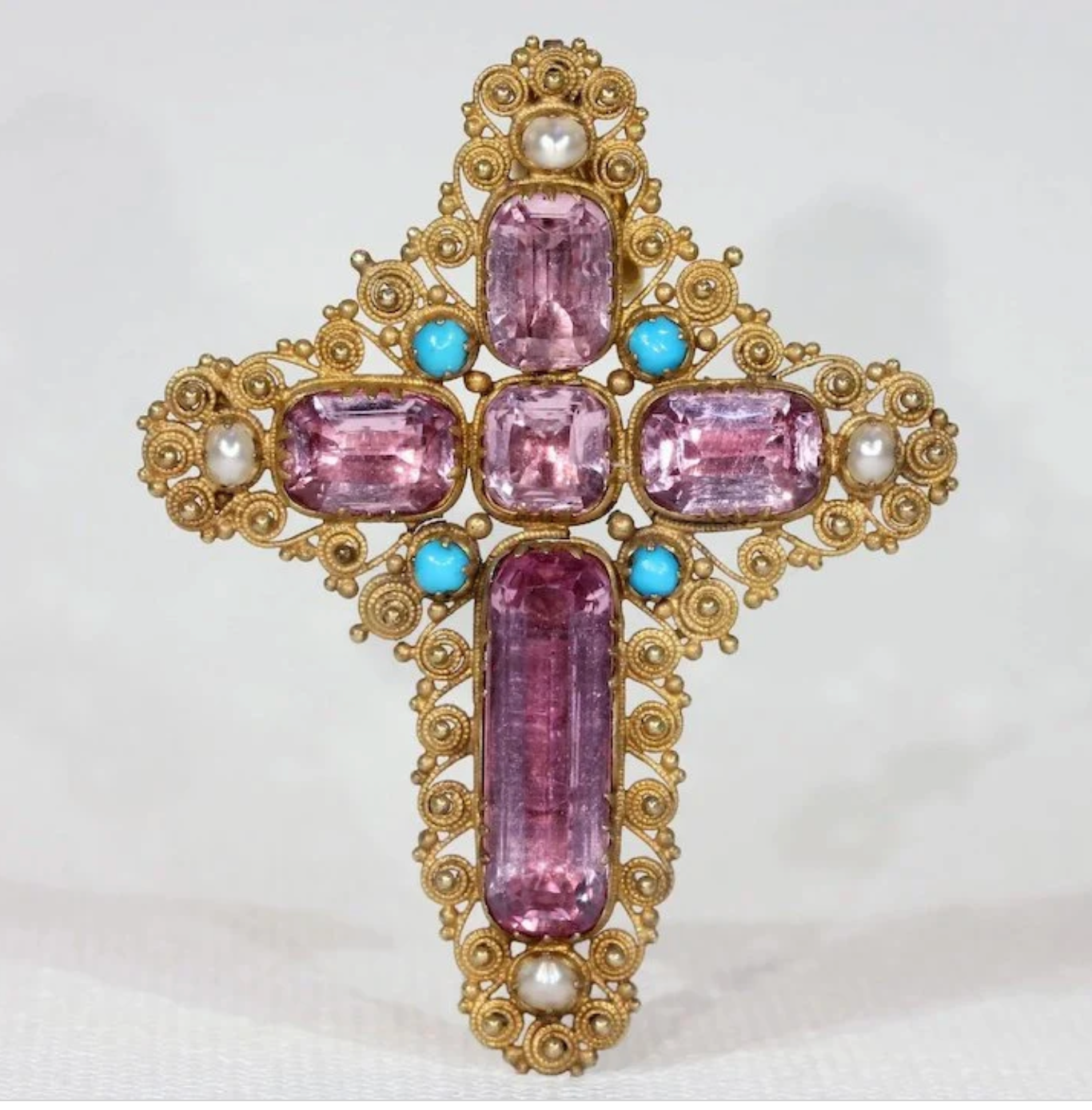 Georgian Pink Topaz Cross Pendant Brooch with Pearl and Turquoise