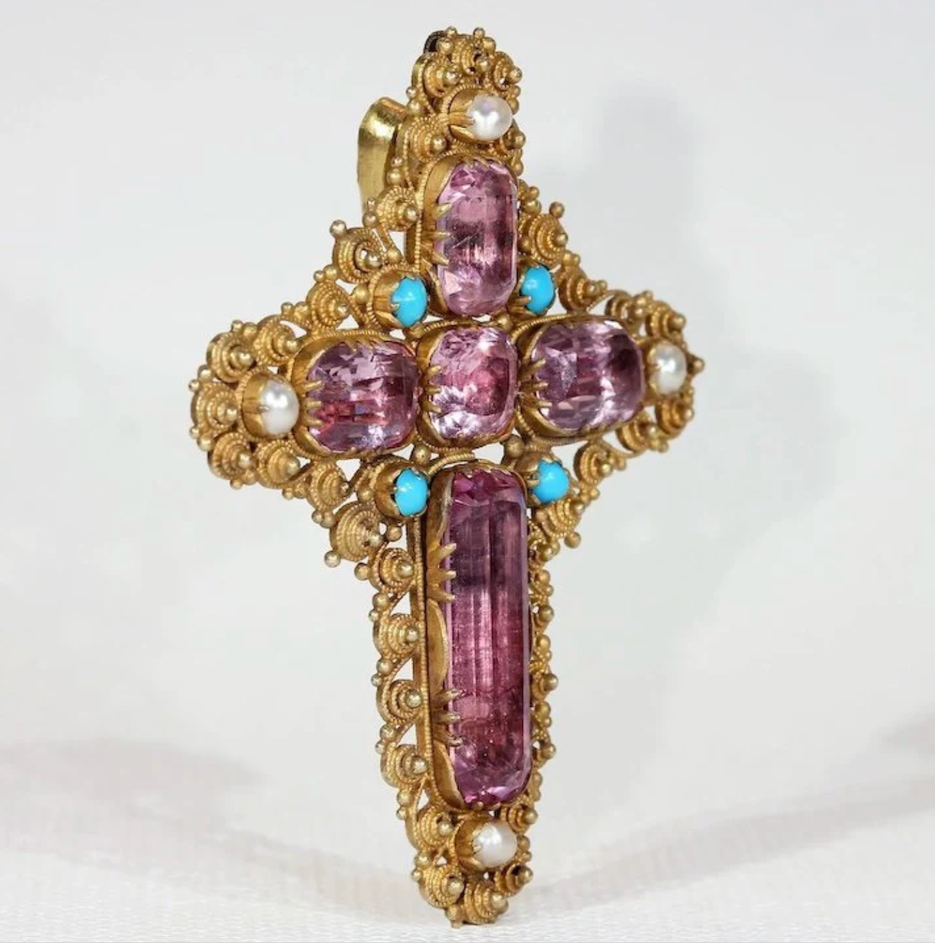 Georgian Pink Topaz Cross Pendant Brooch with Pearl and Turquoise