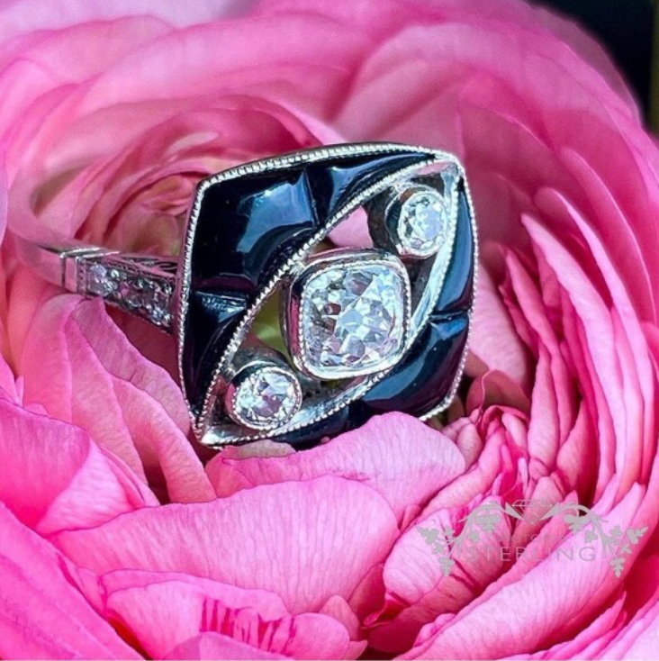 Art Deco Onyx Diamond Ring Platinum 1920s