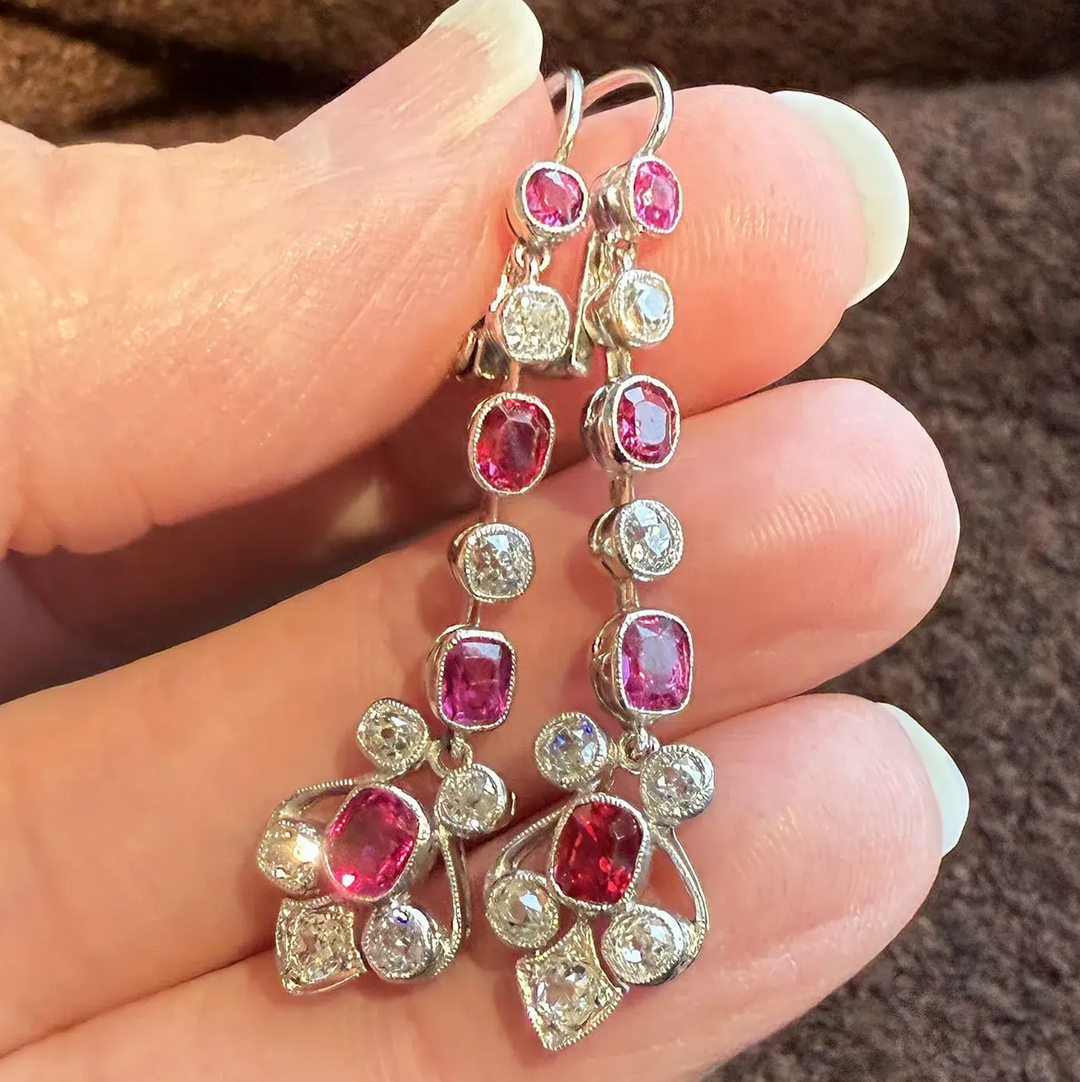 Antique Edwardian Drop Earrings Gold Platinum Ruby Diamond, c.1910