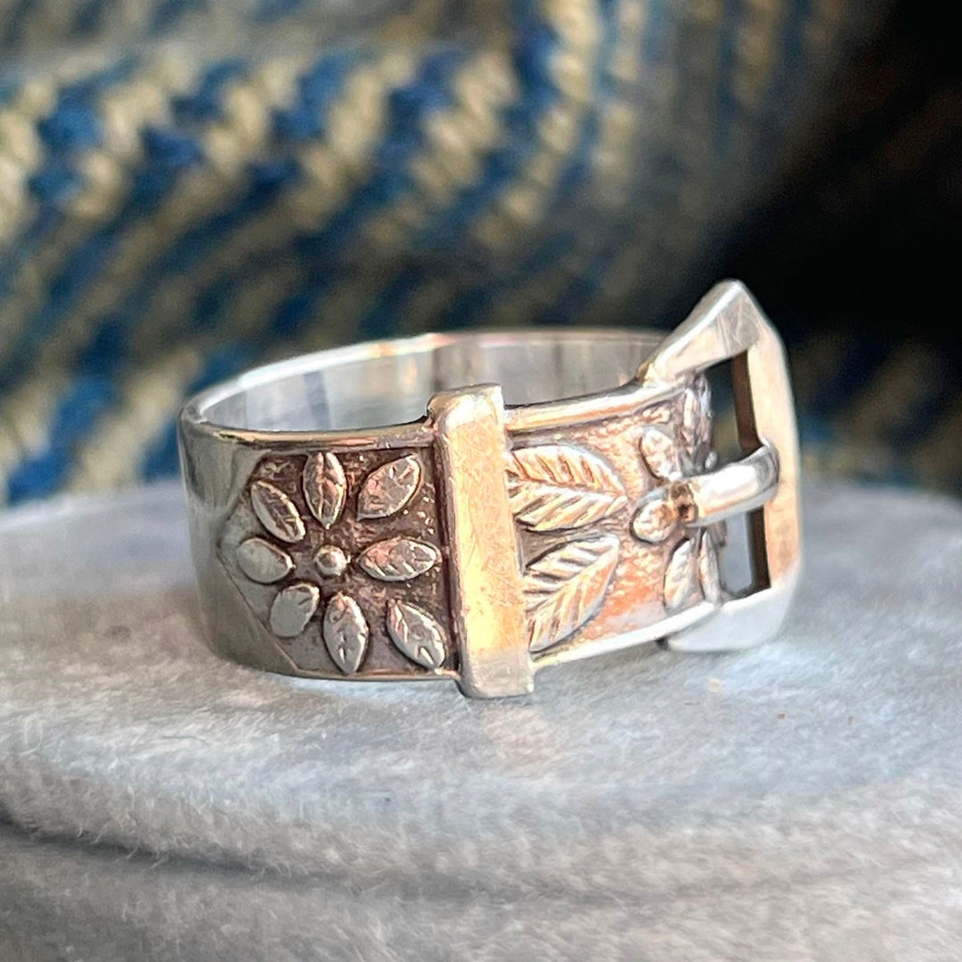 Silver buckle ring worn on hand vintage style