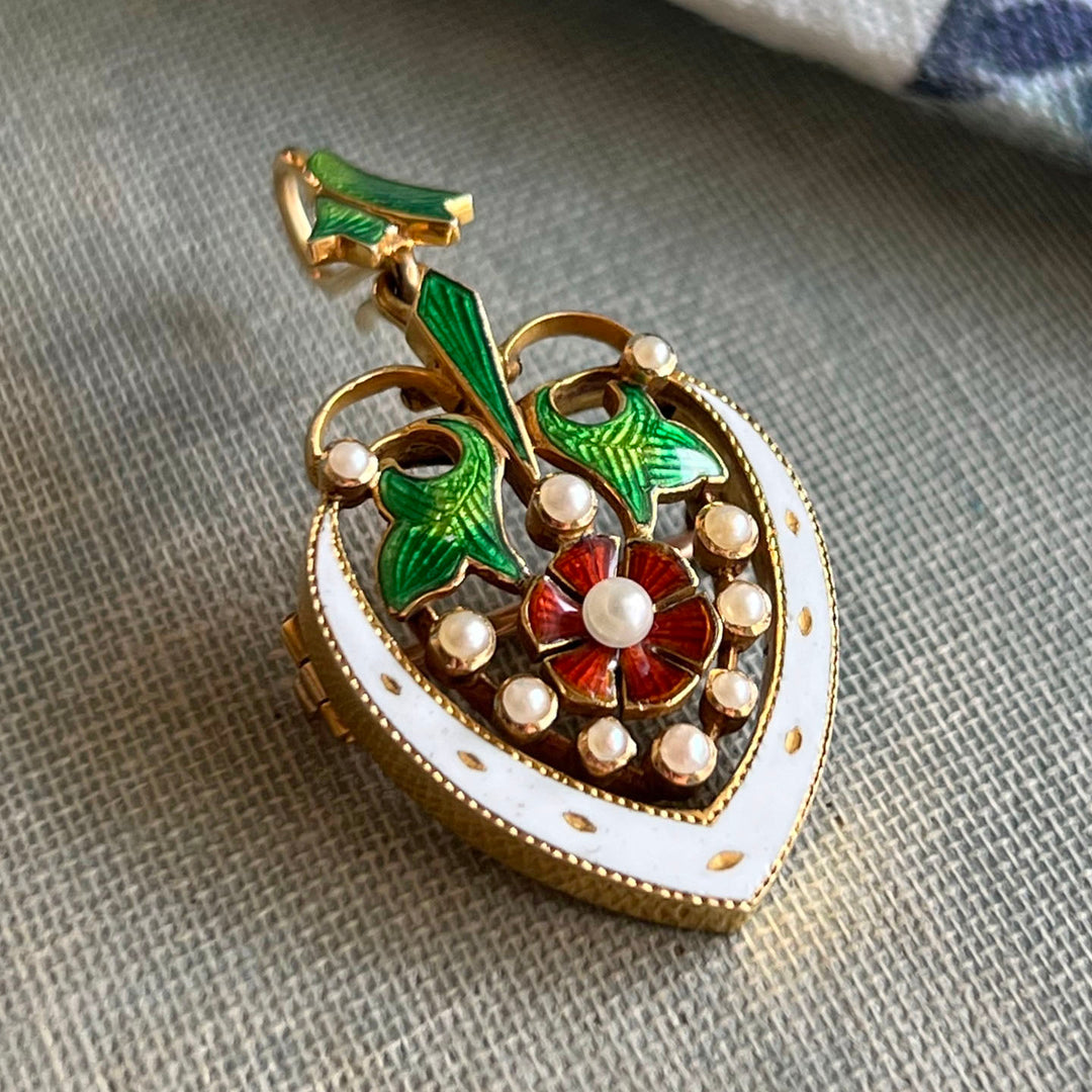 Stunning Victorian Enameled Heart Rose Pendant Brooch Pin